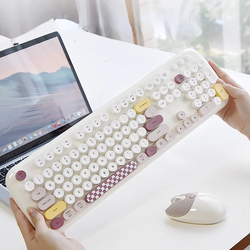 2.4G Spanish Wireless Keyboard and Mouse Kit for Computers Multi Device round Keycap Keyboard Kit Compatible with Windows