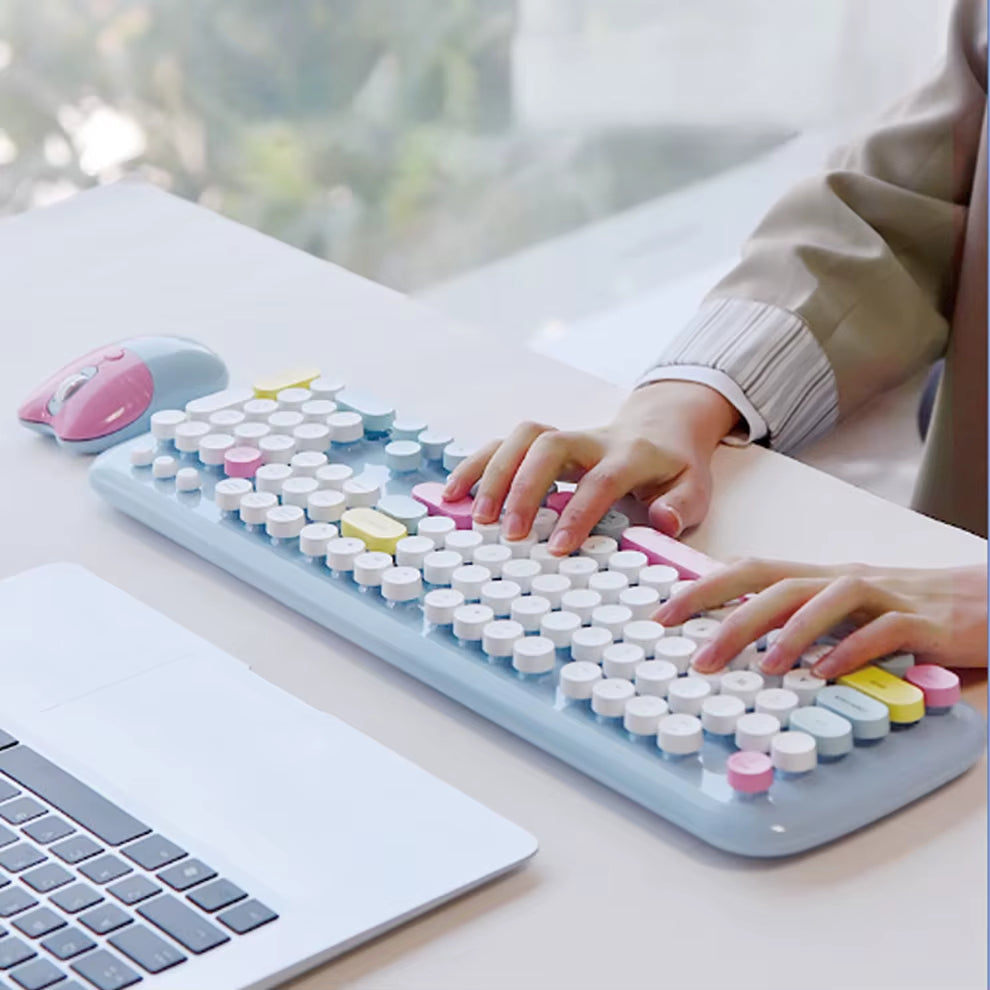 2.4G Spanish Wireless Keyboard and Mouse Kit for Computers Multi Device round Keycap Keyboard Kit Compatible with Windows